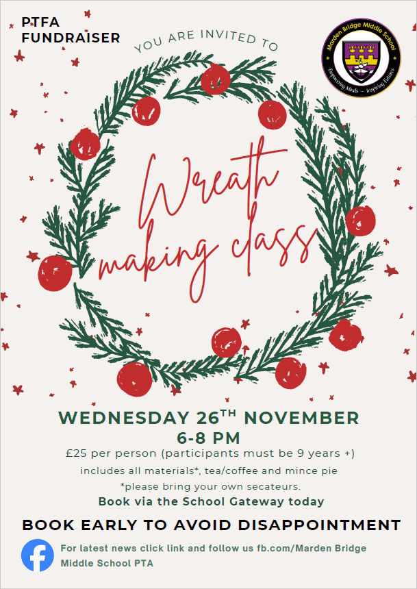 Poster for the PTFA Wreath Making Class on 26/11/2025
